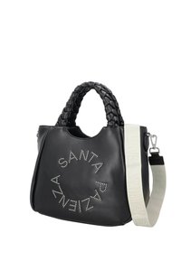 Borsa in pelle nera con manici intrecciati, caratterizzata da lettere con borchie argento disposte a cerchio. Dotata di tracolla regolabile in tessuto.