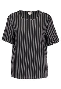 Haut noir à manches courtes avec des rayures verticales blanches, encolure ronde, coupe ample et tissu léger. Aucun élément métallique ou accent visible.