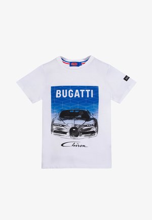 Maglietta bianca con grafica frontale di un'auto Bugatti Chiron, con la scritta "BUGATTI" sopra e la firma "Chiron" sotto l'immagine.