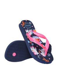Tongs bleu marine avec des brides rose vif, décorées de motifs colorés de licornes et de fleurs sur les semelles.