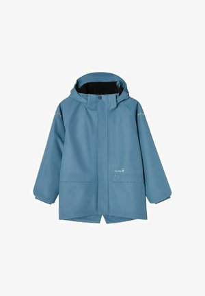 Blå vandtæt børne regnjakke med hætte, forlommer og synligt brandlogo på brystet, lange ærmer med elastiske manchetter.