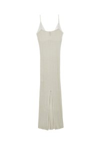 Lungo vestito in maglia a coste beige con sottili spalline e spacco frontale, progettato per una vestibilità slim.