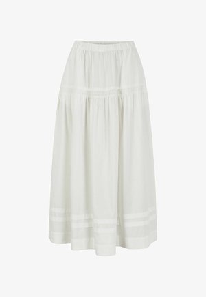 Fustă albă din bumbac, cu talie elastică, până la genunchi, având textură plisată și două dungi orizontale aproape de tiv.