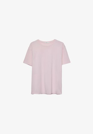 Helles rosa Baumwoll-T-Shirt mit kurzen Ärmeln, rundem Halsausschnitt und lässiger Passform. Glatte Textur und einfaches Design, keine zusätzlichen Muster oder Akzente.