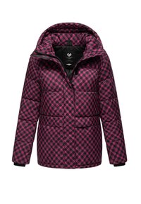 Puffjacka i rosa och svart hundtandsmönster, med huva, dragkedja fram och två stora framfickor. Texturerat tyg och quiltad design.