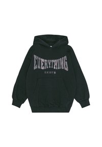 Musta huppari etutaskulla, jossa on valkoiset kimaltelevat tekstit "EVERYTHING EXISTS" kaarevassa muotoilussa. Pehmeä kangas, löysä istuvuus.