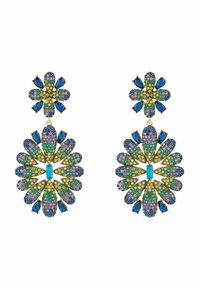 Colorful jeweled earrings featuring a floral design with yellow, green, blue, and purple gemstones, set in gold-tone hardware.