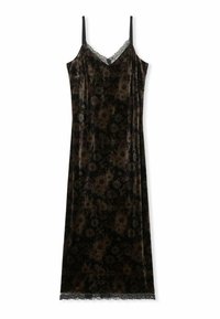 Schwarzes Samtkleid mit Blumenmuster, Spaghettiträgern und Spitze entlang des Ausschnitts und Saums. Tailliertes Design, knielang.