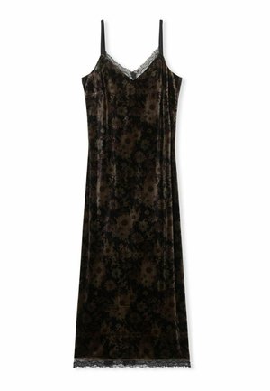Schwarzes Samtkleid mit Blumenmuster, Spaghettiträgern und Spitze entlang des Ausschnitts und Saums. Tailliertes Design, knielang.
