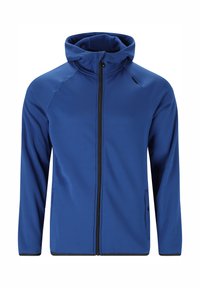 Blå zip-up hoodie med høj krave, lavet af blødt stof, med sidelommer og sort kant langs lynlåsen og manchetterne.