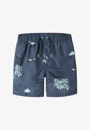 Mørkeblå badeshorts med svart snøring, med graffiti-inspirerte skyer, lyn og teksten "Street Rules" i lyseblått og svart.