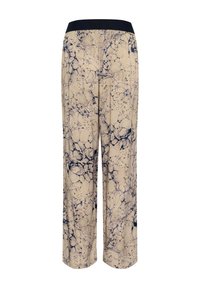 Wide-leg pants with a beige base featuring a blue marbled pattern. Elastic waistband with a smooth texture. Casual design.
