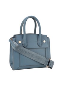Borsa sintetica blu con doppi manici superiori, tracolla staccabile con logo impressa, forma strutturata, superficie texturizzata e dettagli in ottone dorato.
