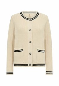 Cardigan lavorato a maglia in crema con colletto e polsini a coste a righe nere. Presenta due tasche frontali e sei bottoni metallici sul davanti.