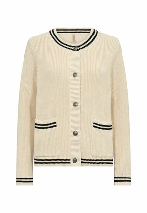 Cardigan lavorato a maglia in crema con colletto e polsini a coste a righe nere. Presenta due tasche frontali e sei bottoni metallici sul davanti.
