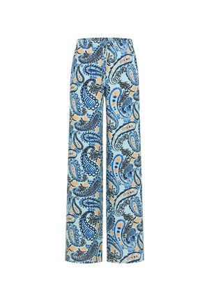 Wide-leg pants with light blue base and intricate blue, black, and beige paisley pattern, featuring an elastic waistband with a drawstring.