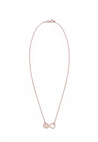 Rose guld halskæde med en delikat kæde og et uendelighedssymbol vedhæng med en hjertedetalje, der fremhæver en glat metaloverflade og minimalistisk design.