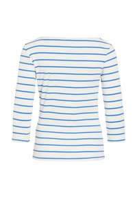 Λευκό μακρυμάνικο πουκάμισο με οριζόντιες μπλε ρίγες, λαιμόκοψη τύπου σκαφάκι και εφαρμοστή γραμμή, εμφανιζόμενο από πίσω με φόντο λευκό.