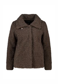 Bruine, gestructureerde nepbont jas met een brede kraag, knoopsluiting en lange mouwen. Heeft een ontspannen pasvorm en een zachte, fuzzy oppervlakte.