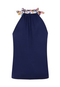 Haut sans manches bleu marine avec un col montant et un col à volants présentant un motif floral coloré.