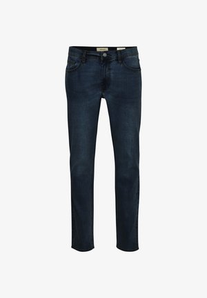 Dark blue denim jeans with a straight cut, five-pocket design, and a subtle fade effect. Features a button closure and belt loops.