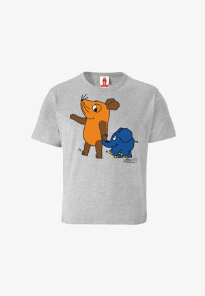 Gray t-shirt with cartoon orange mouse holding the trunk of a small blue elephant, both smiling and walking forward.