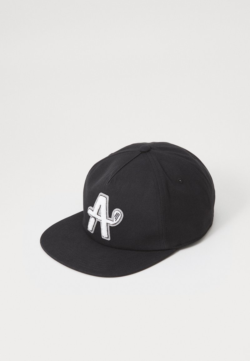 Black baseball cap with a flat brim, featuring a white embroidered letter 'A' on the front. Made of fabric with a smooth texture.