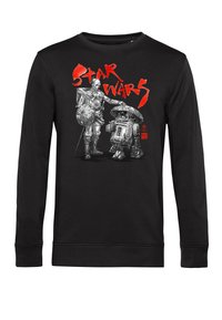 Sudadera negra de manga larga con un gráfico en gris y rojo de "Star Wars" que presenta personajes, incluyendo un droide y una figura humanoide.