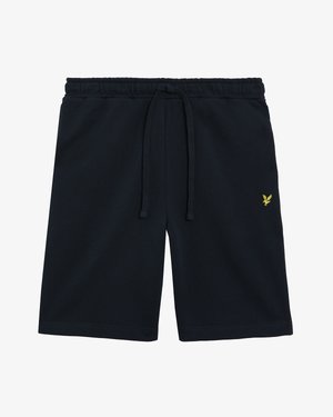 Marineblå shorts lavet af blødt stof, med elastisk taljebånd med snøre og en lille gul logo på venstre side.