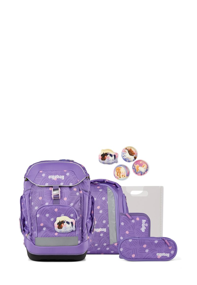 Set di zaini ergonomici viola con motivo a pois, include uno zaino principale, una borsa più piccola, un astuccio e bottoni con disegni di animali.