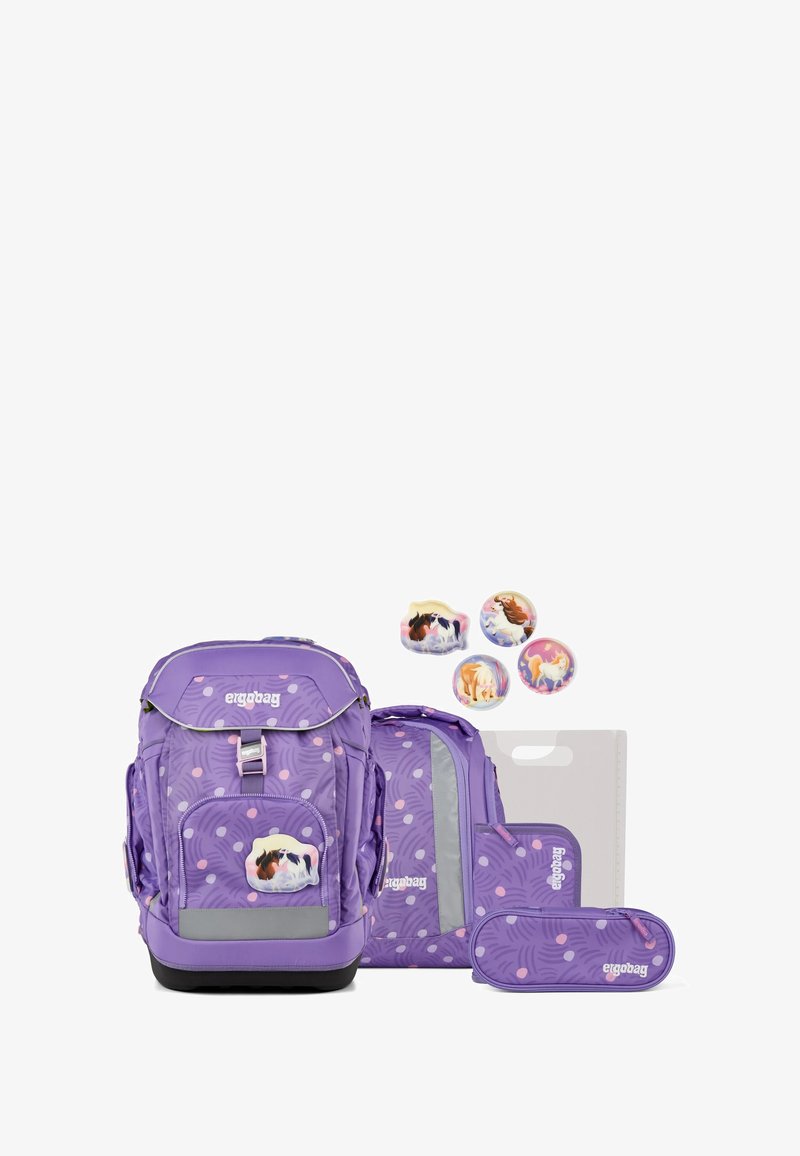 Set di zaini ergonomici viola con motivo a pois, include uno zaino principale, una borsa più piccola, un astuccio e bottoni con disegni di animali.
