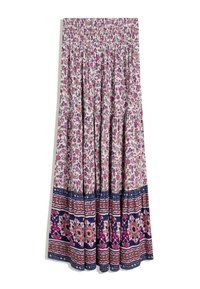 Floraler Maxirock mit gerafftem, elastischem Bund; zeichnet sich durch rosa und lila Muster auf hellem Hintergrund aus, akzentuiert mit einem dunklen Blumensaum.