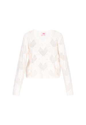 Afkortet hvid sweater med V-hals, prydet med strukturerede mønstre af pile og prikker, lange ærmer og strikket design.