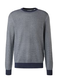 Pull à manches longues col rond avec motif tricoté texturé bleu marine et blanc, poignets et ceinture bleu marine.