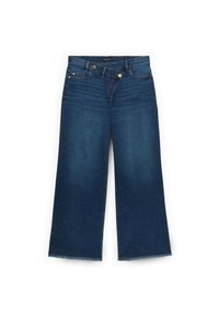 Tmavě modré širolégové džíny vyrobené z denimu, s vysokým pasem, pěti kapsami a surovými okraji na lemu. Zapínání na předním knoflíku a zip.