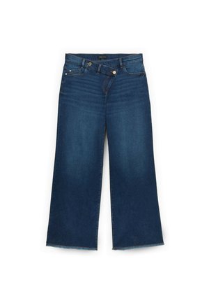 Vaqueros de pierna ancha azul oscuro, fabricados en denim, con cintura alta, cinco bolsillos y bordes sin terminar en el dobladillo. Cierre frontal con botón y cremallera.