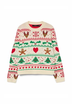 Knit sweater in cream with red, green, and brown patterns. Features reindeer, snowflakes, hearts, trees, and gingerbread figures throughout.
