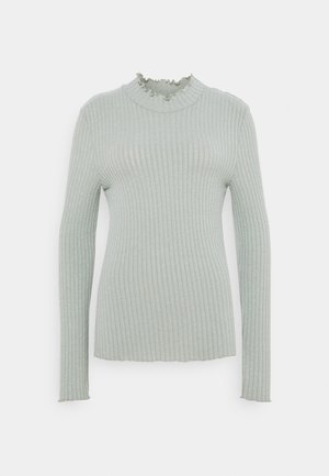 Light green ribbed knit long-sleeve top with a frilled mock neck. Features a fitted silhouette and textured fabric with a subtle stretch.