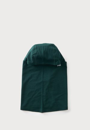 Tour de cou tubulaire vert foncé avec capuche intégrée et discret logo blanc "poc" sur le côté, posé à plat sur un fond clair.