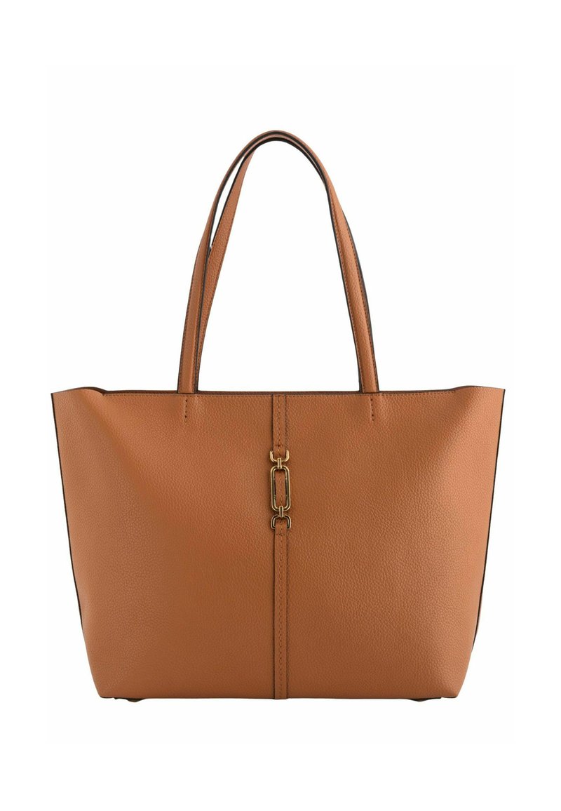 Brun læder tote bag med en struktureret finish, dobbelt hanke og en guldfarvet låsdetalje i midten. Rektangulær form, åben top.