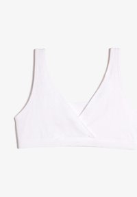 Bralette bianco senza cuciture realizzato in tessuto morbido, con un design frontale incrociato, spalline larghe e una texture liscia. Senza embellimenti.