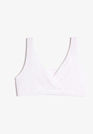 White, seamless bralette made of soft fabric, featuring a crossover front design, wide straps, and a smooth texture. No embellishments.