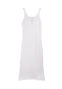 Abito bianco lavorato a maglia con spalline sottili, caratterizzato da una superficie testurizzata e un sottile dettaglio di bottoni nella parte anteriore. Design lungo fino alle caviglie.
