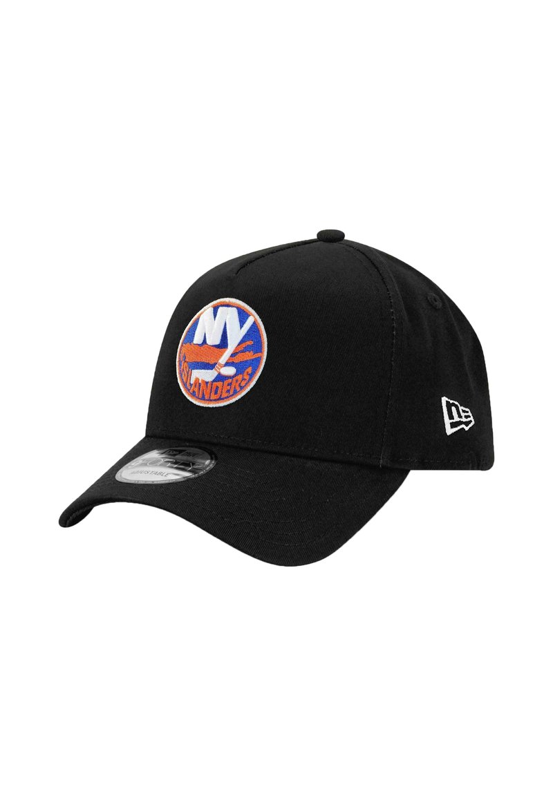 Schwarze Baseballmütze mit einem orange und blauen gestickten "NY Islanders" Logo auf der Vorderseite. Strukturierter Entwurf mit einem gebogenen Schirm.