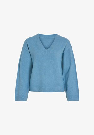 VILA, VILIGA L/S REV V-NECK KNIT TOP - NOOS - Pullover - blue shadow