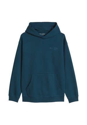 Donkerteal capuchontrui met voorvak en subtiel merklogo op de borst, weergegeven op een witte achtergrond.