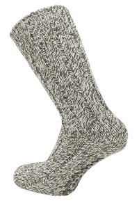 Kohle und Creme gestrickte Socke mit gerippter Textur, ausgestattet mit verstärktem Absatz und Zehen für Langlebigkeit. Strukturierte Form, die für Komfort sorgt.