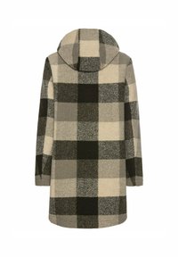 Karierter Mantel mit Kapuze, aus weichem Stoff. Verfügt über große schwarze, graue und cremefarbene Quadrate, lange Ärmel und eine lässige Passform.