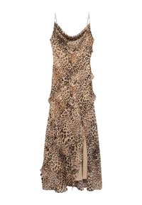 Abito leopardato con design drappeggiato, caratterizzato da volant lungo i bordi e uno spacco alto fino alla coscia. Realizzato in tessuto leggero con spalline sottili.