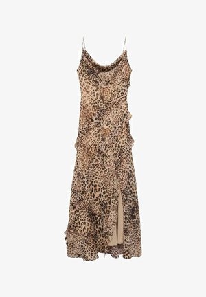 Obleka z leopardjim vzorcem z drapirano zasnovo, obrobljena z naborki in s visokim razporkom do stegna. Narejena iz lahkega materiala z naramnicami.